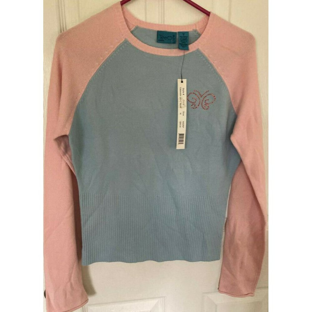 TeeCo Light Blue Pink Bejeweled Rhinestone Butterfly Womens Raglan Sweater M NWT